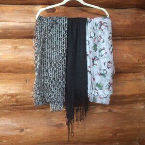 Bundle of 3 Scarves Wraps Black White & Gray Festive Penguins